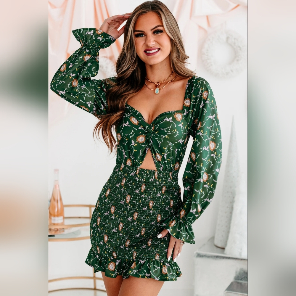 Fore Floral Satin Smock Puff Sleeve Ruffle Cut-out Mini Party Dress